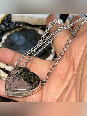 Manganese Black Pink Rhodonite Pendant Necklace 1 1/2- “Stone of Love”